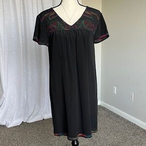 Madewell 100% Silk Embroidered Shift Dress Black Boho Mini Size M